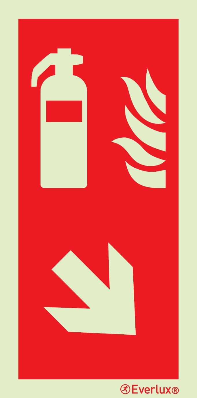 Brandschutzzeichen Feuerlöscher mit Pfeil Pfeil rechts runter Kunststoff 2mm, selbstklebend, langnachleuchtend, 215mcd m²