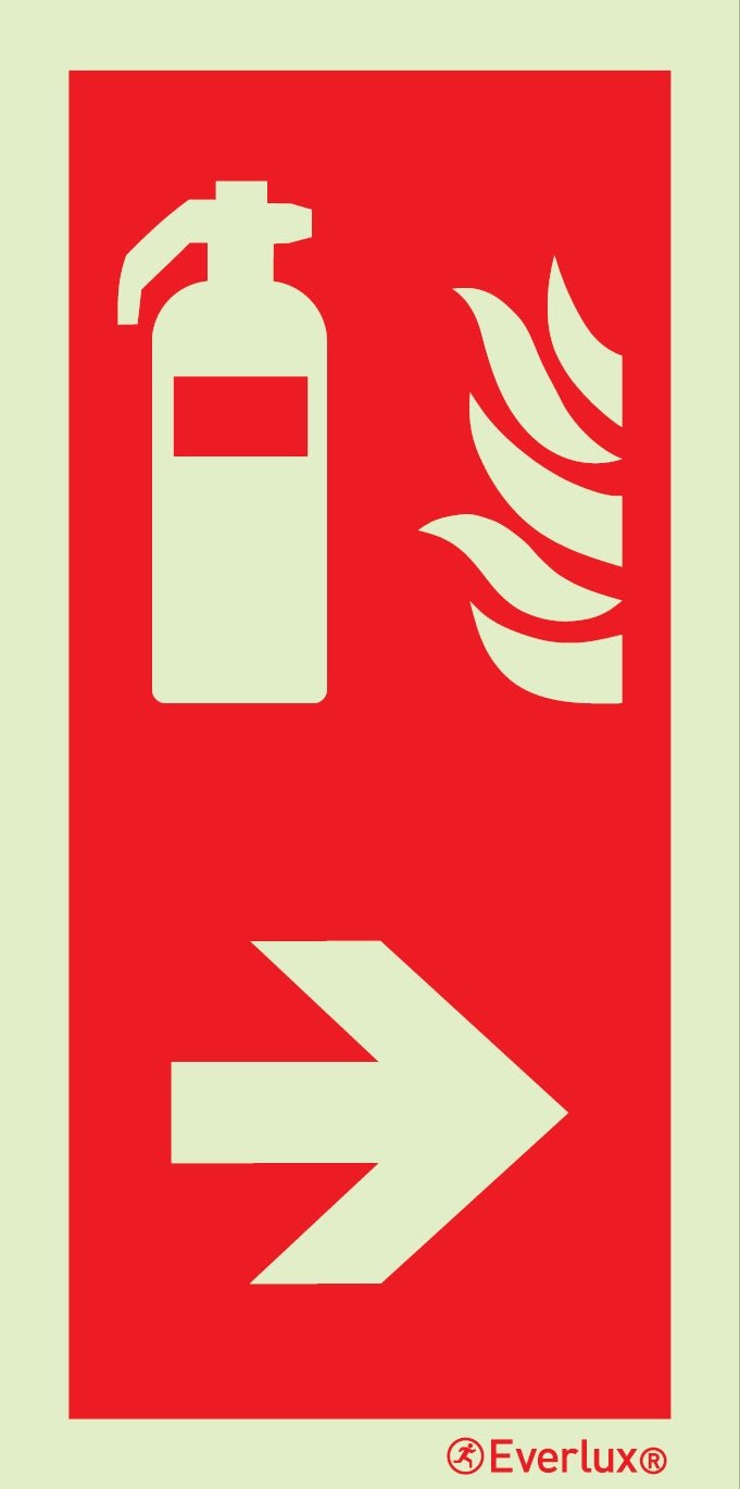 Brandschutzzeichen Feuerlöscher mit Pfeil Pfeil nach rechts Kunststoff 2mm, selbstklebend, langnachleuchtend, 215mcd m²