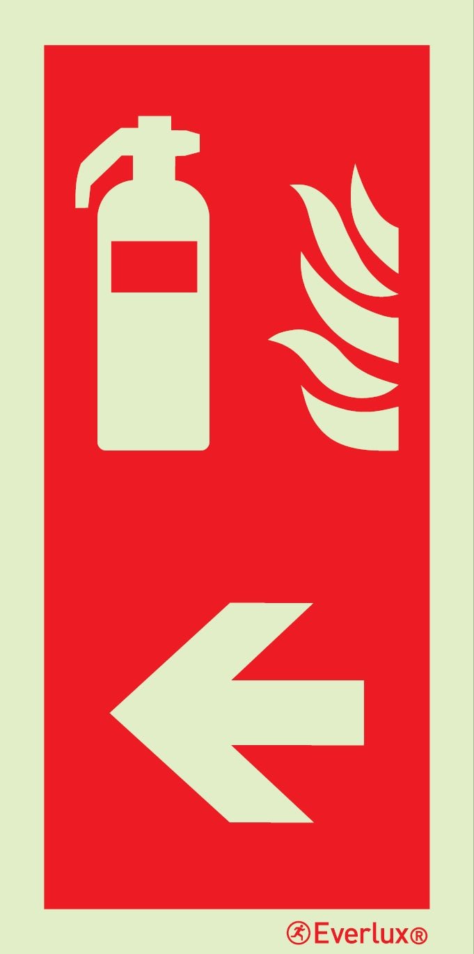 Brandschutzzeichen Feuerlöscher mit Pfeil Pfeil nach links Kunststoff 2mm, selbstklebend, langnachleuchtend, 215mcd m²
