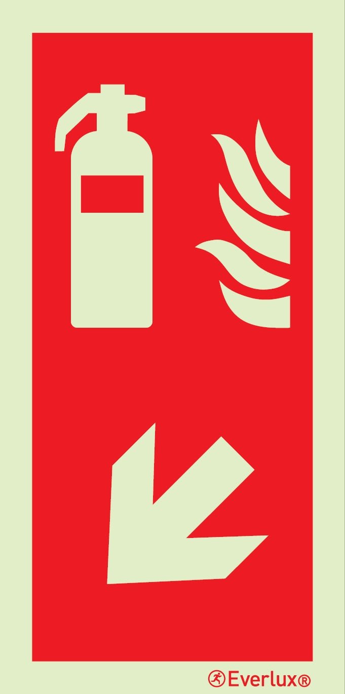 Brandschutzzeichen Feuerlöscher mit Pfeil Pfeil nach links runter Kunststoff 2mm, selbstklebend, langnachleuchtend, 215mcd m²