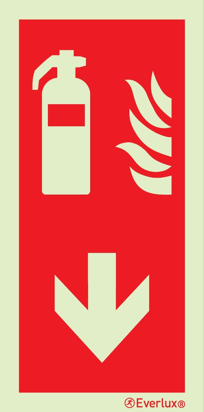 Brandschutzzeichen Feuerlöscher mit Pfeil Pfeil nach unten Kunststoff 2mm, selbstklebend, langnachleuchtend, 215mcd m²