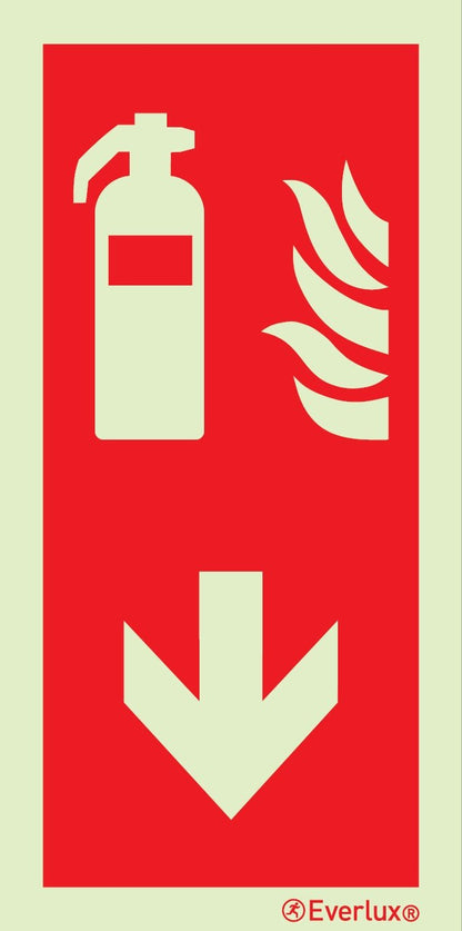 Brandschutzzeichen Feuerlöscher mit Pfeil Pfeil nach unten Kunststoff 2mm, selbstklebend, langnachleuchtend, 215mcd m²