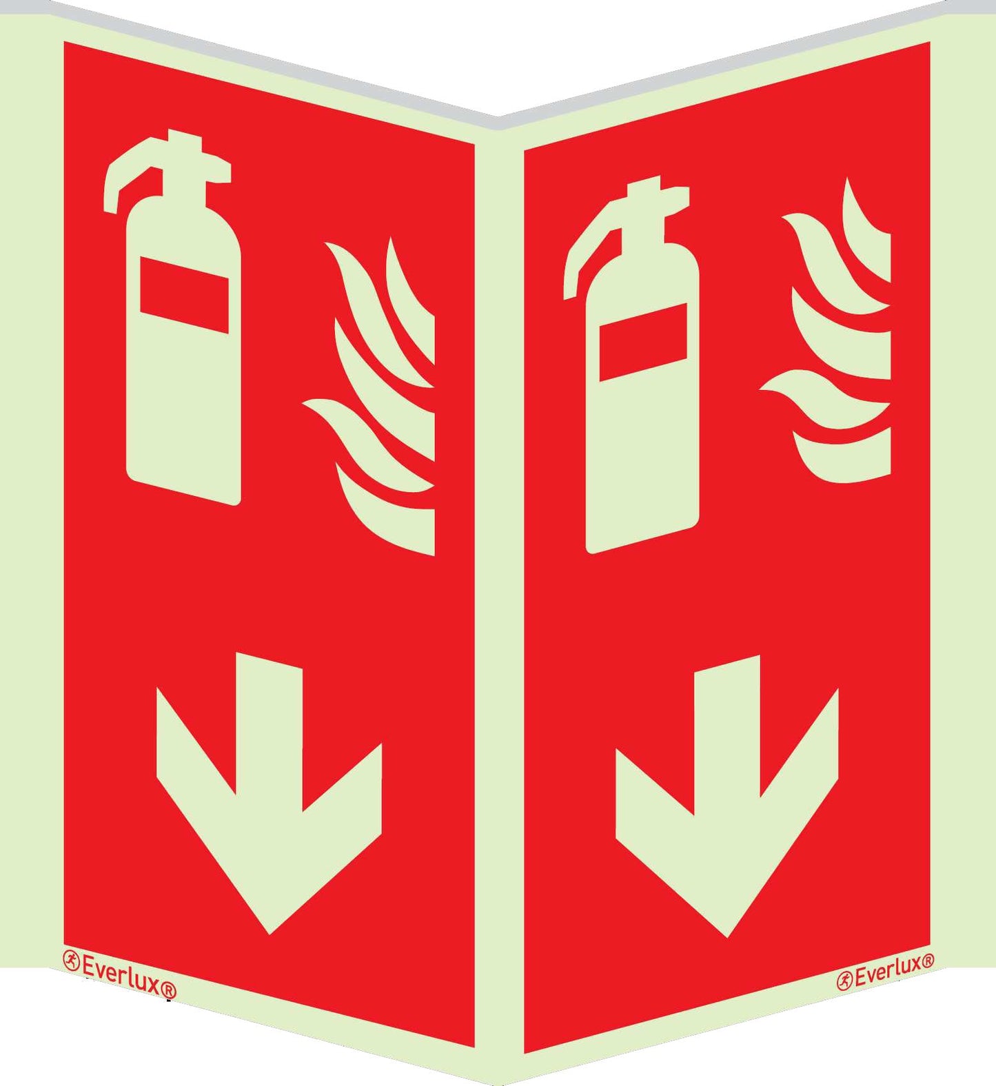 Brandschutzzeichen Winkelschild Feuerlöscher-Pfeil unten ISO 7010 m²