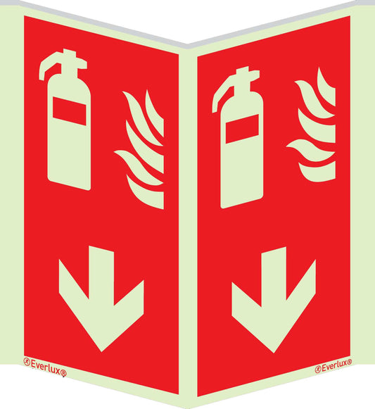 Brandschutzzeichen Winkelschild Feuerlöscher-Pfeil unten ISO 7010 m²