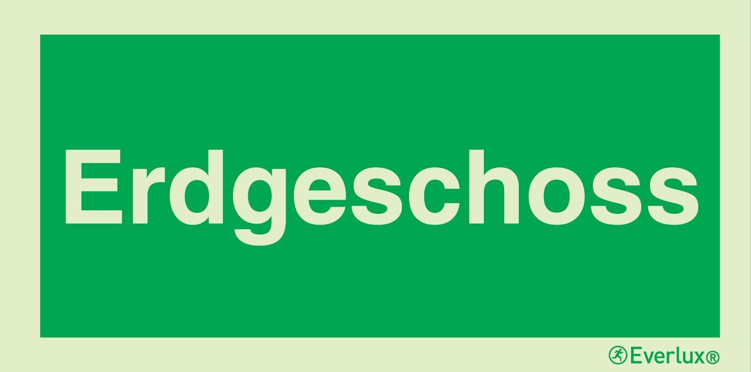 Rettungszeichen mit Text 300x150mm Kunststoff 2mm, selbstklebend, langnachleuchtend, 215mcd m²