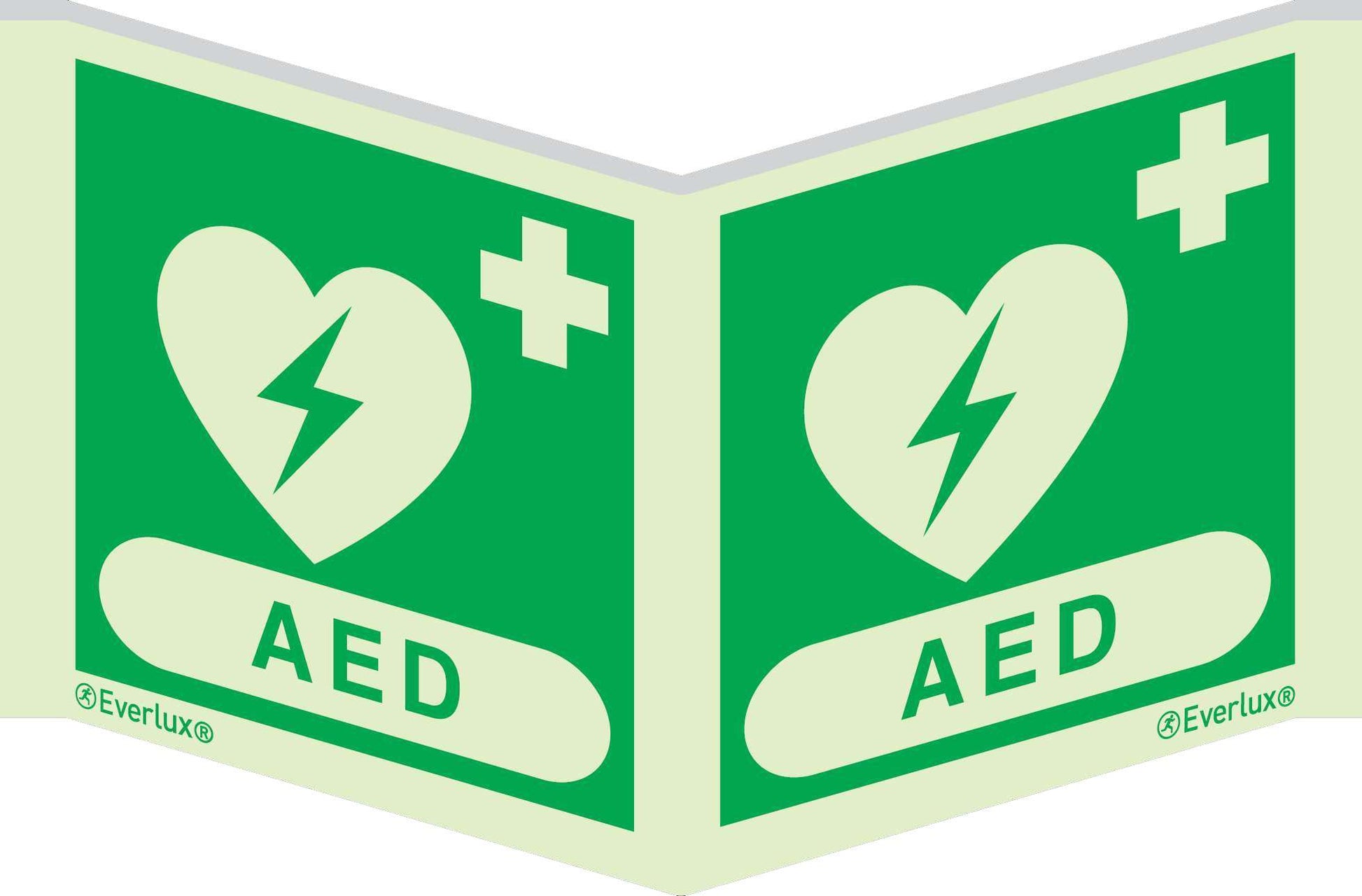 Rettungszeichen Symbole Winkelschild AED Aluminium 1mm, langnachleuchtend, 215mcd m²