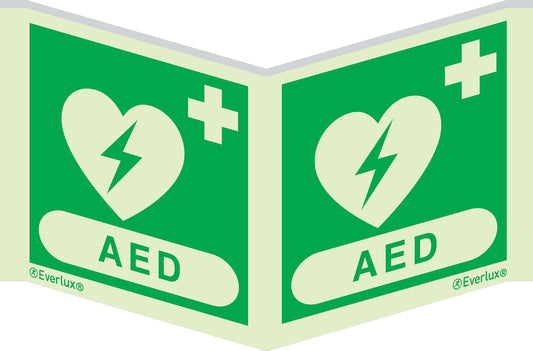 Rettungszeichen Symbole Winkelschild AED Aluminium 1mm, langnachleuchtend, 215mcd m²
